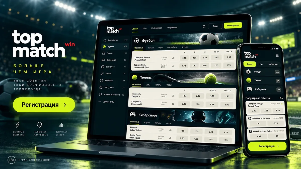 Букмекерська лінія TopMatch на ноутбуці та смартфоні: футбол, теніс і кіберспорт
