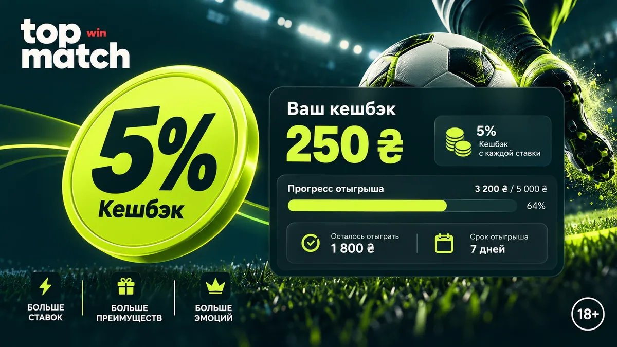 Кешбек до 5% и прогресс отыгрыша бонуса в кабинете TopMatch, 18+