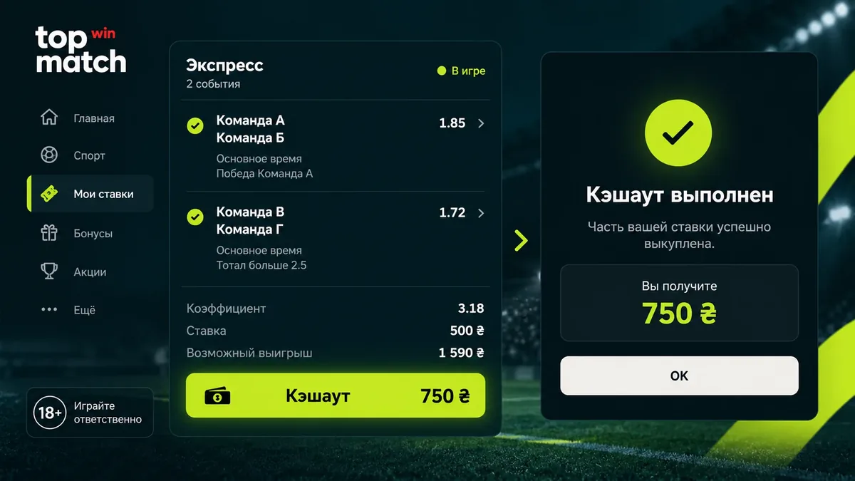 Кнопка кэшаута в купоне TopMatch с частичным возвратом