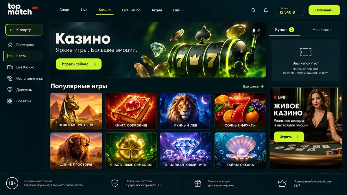 Раздел казино в букмекерской конторе TopMatch: слоты и live-столы