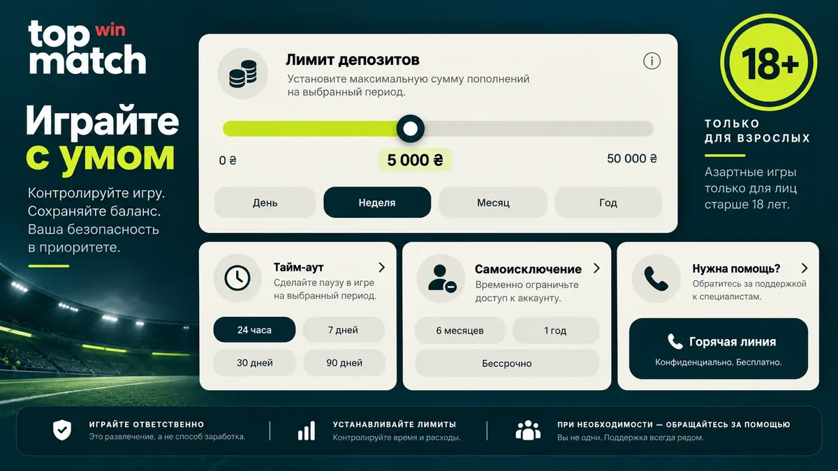 Інструменти відповідальної гри TopMatch: ліміт депозиту, тайм-аут і самовиключення, 18+